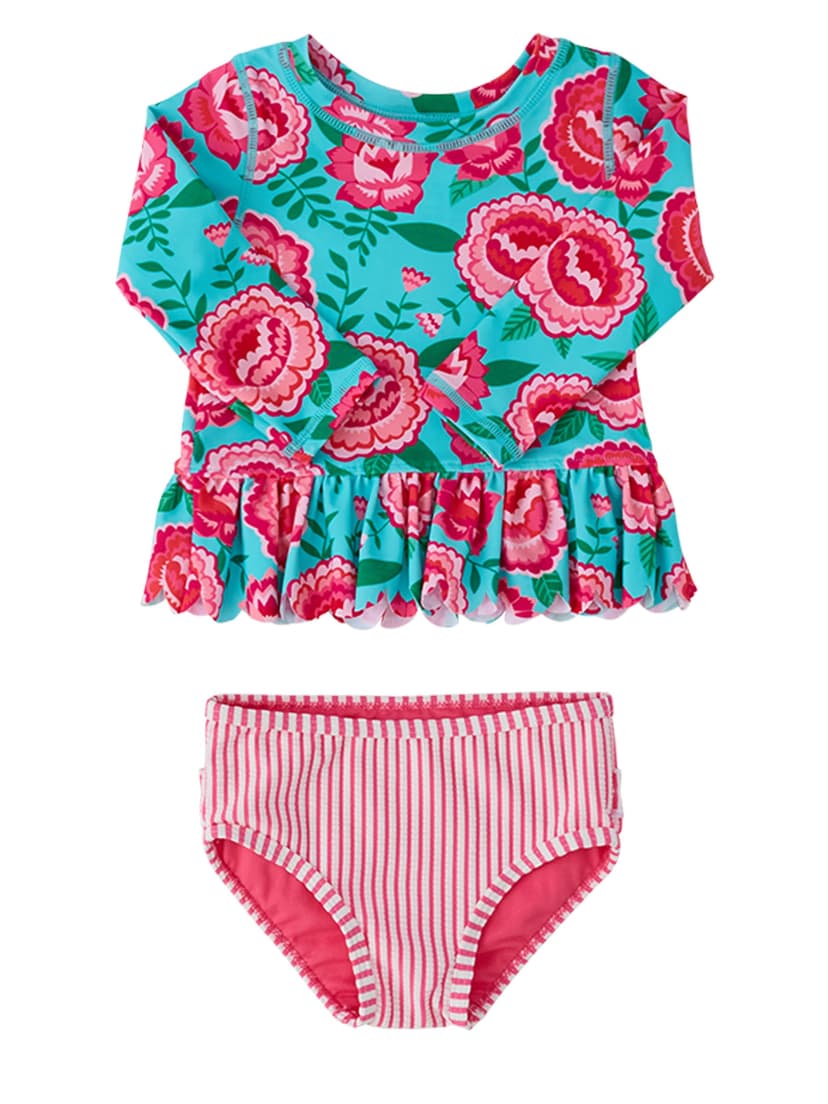 RuffleButts Baby/Toddler Girls Scalloped Long Sleeve Rash Guard 2-Piece UPF50+ Sun Protected Swimsuit