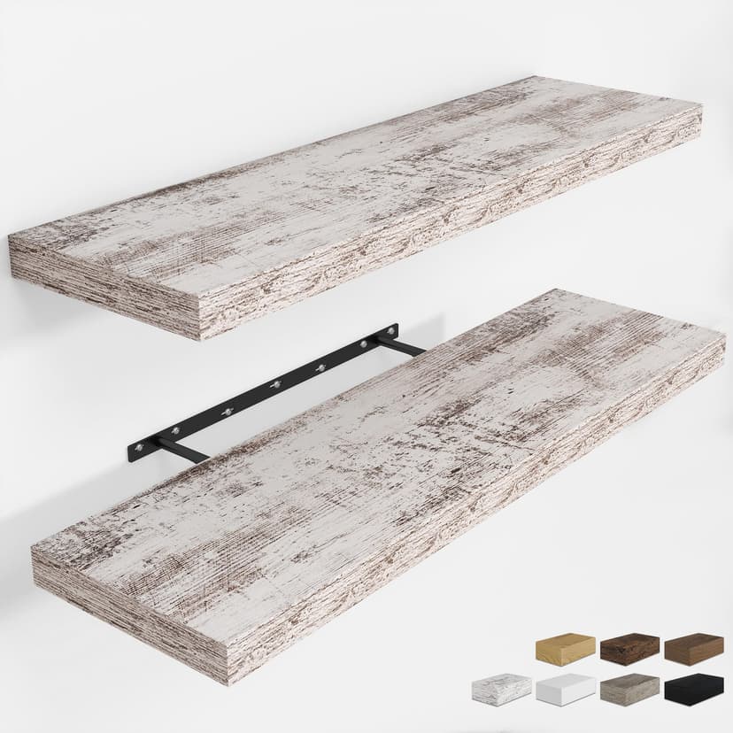 RICHFOCUS 40Inch Floating Shelves for Wall 2 Pack Shelves for Bedroom|Kitchen|Bathroom|Laundry Room Rustic Wood Wall Mounted Shelf with Invisible Brackets for Books|Storage|Decor, Rustic White