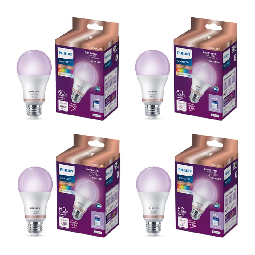 PHILIPS Smart LED Full Color Light Bulb 4-Pack, A19 60W 800LM E26 Indoor, Sunset to Sunrise Automation + Motion Detection + Control with Voice or App, Matter Compatible