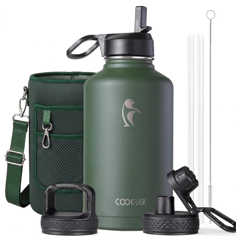 Half Gallon Water Bottle Insulated with Straw & 3 Lids, Coolflask 64 oz Water Jug Large Metal Stainless Steel Wide Mouth for Sports, Gym or Office, Non-BPA Keep Cold 48H Hot 24H, Dark Green