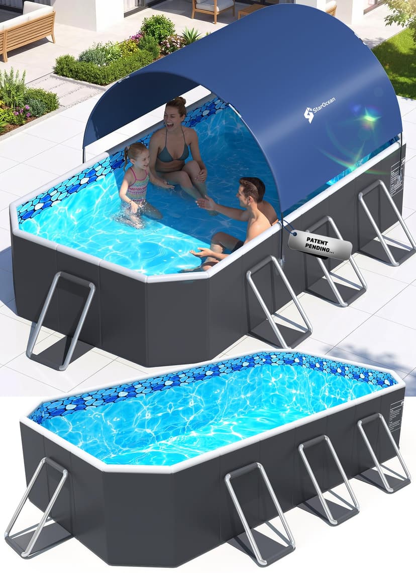 StarOcean Foldable Pool with Canopy,Non Inflatable Pool,Large Foldable Swimming Pool for Adult Portable Pool,Large Collapsible Kid Pool with Shade,Folding Kid Pool for Backyard,90x50x20 in-Dark Blue