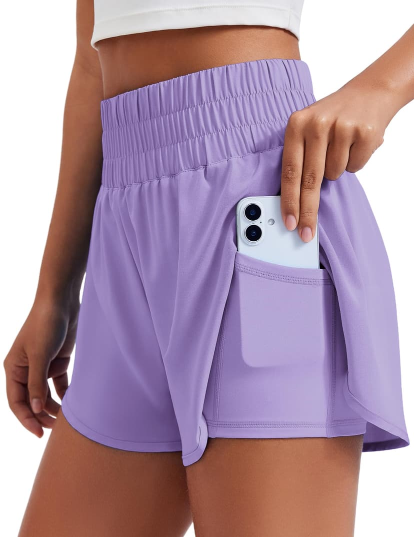 PINSPARK Women's 2 in 1 Running Shorts High-Split Athletic 3" Liner Short | Elastic High Waisted, Built-in Shorts, Quick Dry, Lightweight, 4-Way Stretch,Two Inner Pockets
