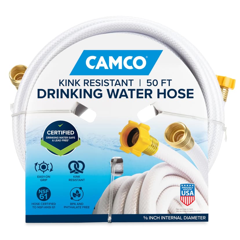 Camco TastePURE 50-Ft RV Drinking Water Hose - Contains No Lead, No BPA & No Phthalate - Features Diamond-Hatch Reinforced PVC Design - 5/8” Inside Diameter, Made in the USA (22793)