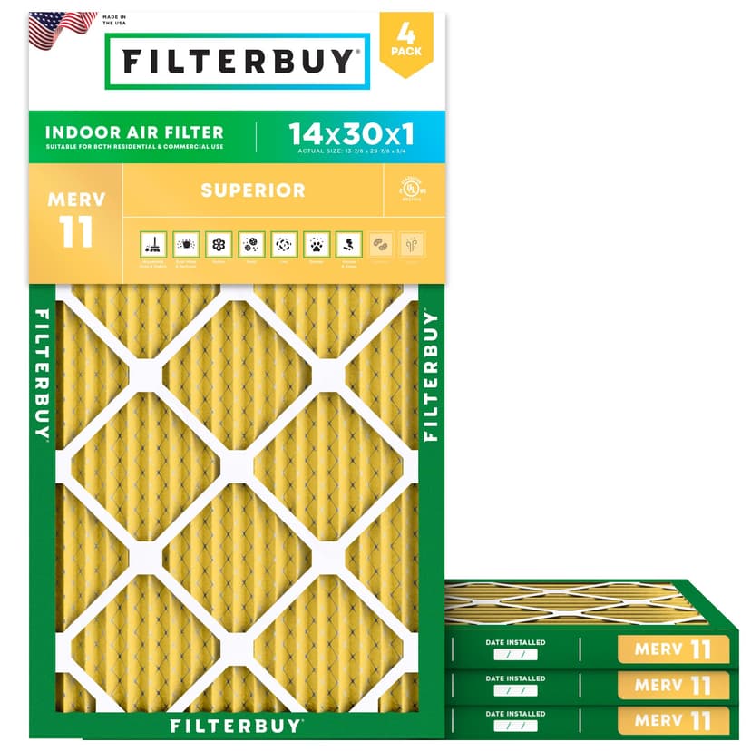 Filterbuy 14x30x1 Air Filter MERV 11 Pet & Allergy Defense (4-Pack) | Electrostatic Pleated HVAC AC Furnace Filters Replacement, Made in USA (Actual Size: 13.88 x 29.88 x 0.75)