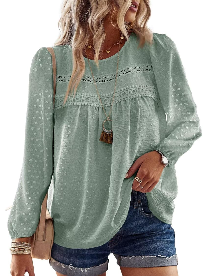 Falechay Womens Tops Flowy Boho Dressy Casual Lace Cute Long Sleeve Shirts | Crewneck Loose Fit Blouses, Business Work, Hide Tummy, Lace Hem Ladies Tunic, Swiss Dots, Babydoll Crochet Clothes XS-6XL