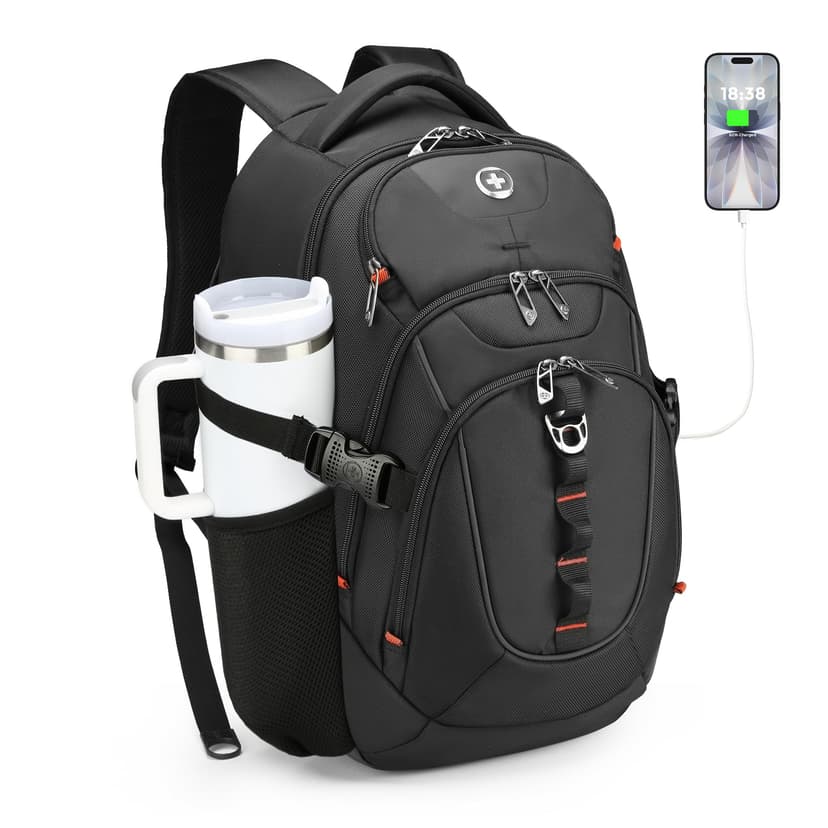 Swissdigital Design Laptop Backpack with USB Charging Port, Travel Backpack Fits 15.6 inches Computer, 31L College School Backpack for Men, Black | SD803-01