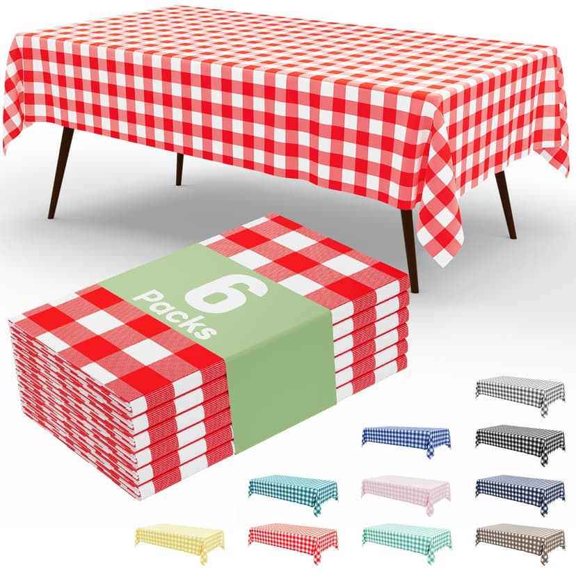 misaya 6 Packs Buffalo Disposable Table Cloth, 54 x 108 Inch Waterproof Plastic Tablecloth, Rectangle Red and White Checkered Table Covers for Picnic, Birthday, Party