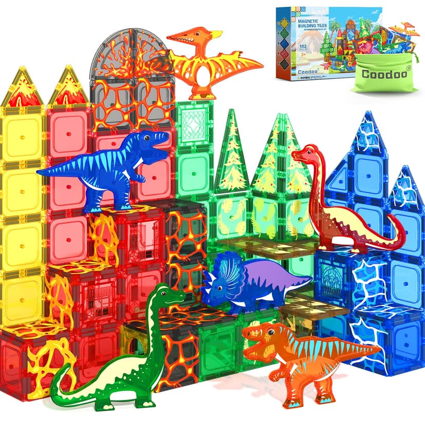 102PCS Dinosaur Toys Magnetic Tiles with 8 Dinosaurs - Jurassic Scenes Toys | Dinosaur World Adventure Set, Magnetic Blocks Kids Toys for Boys & Girls Ages 3+, Sensory Toddler Creative Kids Games Gift