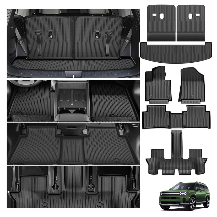 Powerty Floor Mats for Hyundai Santa Fe 6/7-seater 2024-2026 (Include Hybrid&Gas), All Weather 3D TPE Anti-Slip Trunk Cargo Liner Seat Back Covers Protectors Full Set Car Accessories