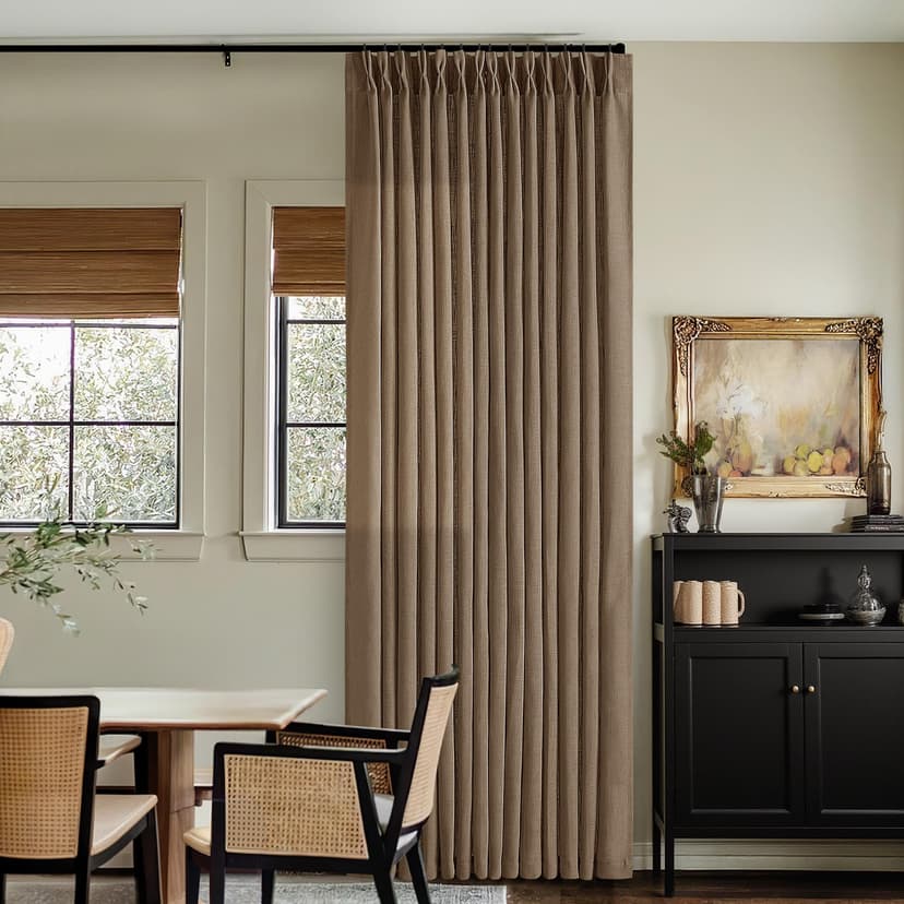 Brown 80 Inch Pinch Pleated Linen Curtains 2 Panels Set for Living Room Bedroom Boho Farmhouse Light Filtering Semi Sheer Back Tab Pinch Pleat Hooks Rings Window Curtain 80 Inches Long Dutch Cocoa