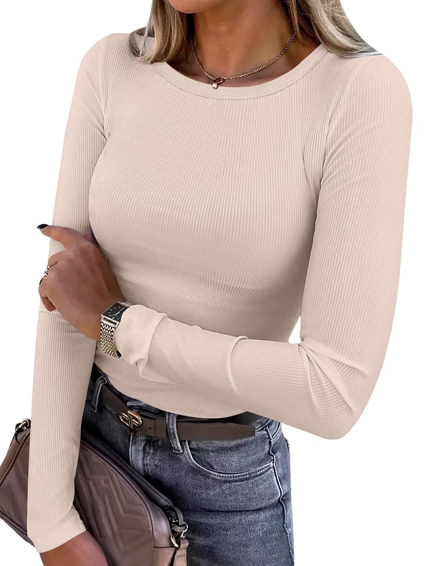 ANRABESS Women Long Sleeve Shirts Ribbed Fitted Tops | Slim Basic Tee,2026 Fall Outfits,Lightweight Knit T-Shirt,Soft Underscrub,Winter Layer Clothing,Casual Work & Everyday Wear