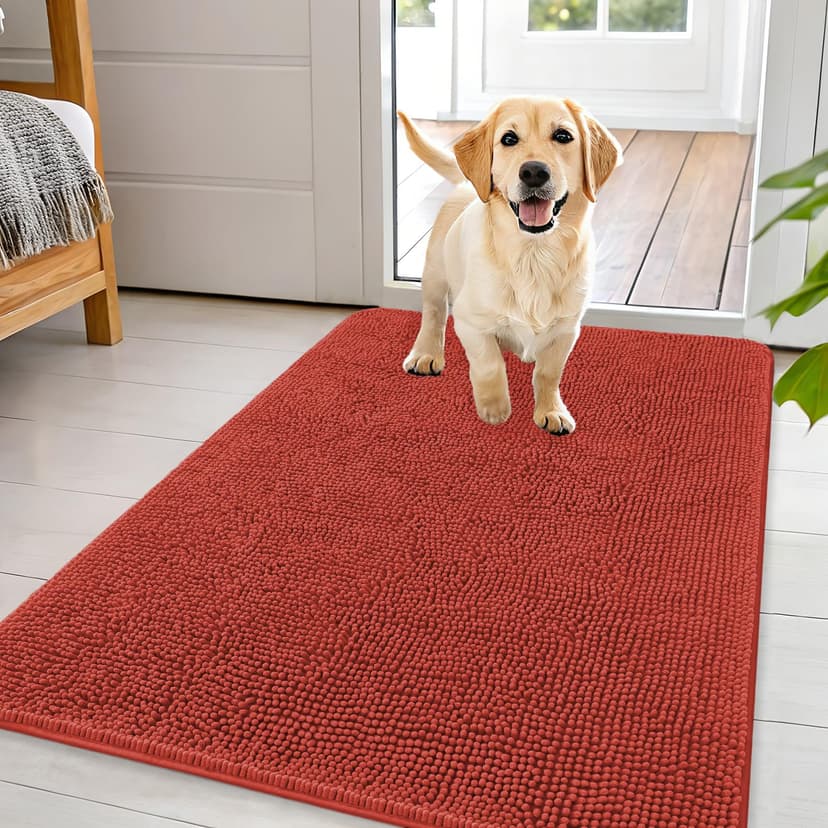 OLANLY Dog Door Mat for Muddy Paws 44x32, Absorbs Moisture and Dirt, Absorbent Non-Slip Washable Doormat, Quick Dry Chenille Mud Mat for Dogs, Entry Indoor Entryway Carpet for Inside Floor, Maple Red