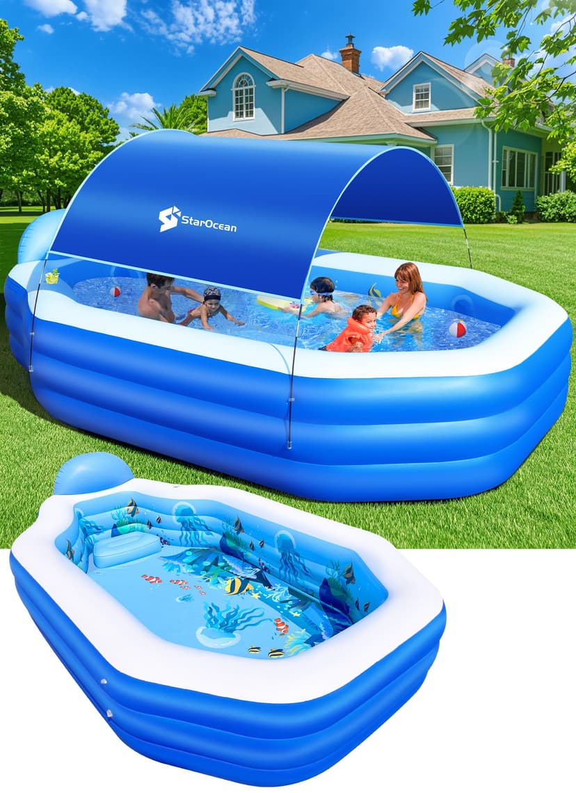 Inflatable Pool with Canopy, Large Inflatable Swimming Pool for Kids,Adult, Blow Up Pools with Seats,Backrest.Durable Thickened Inflatable Family Pools for Backyard,118"x75"x22"-Dark Blue