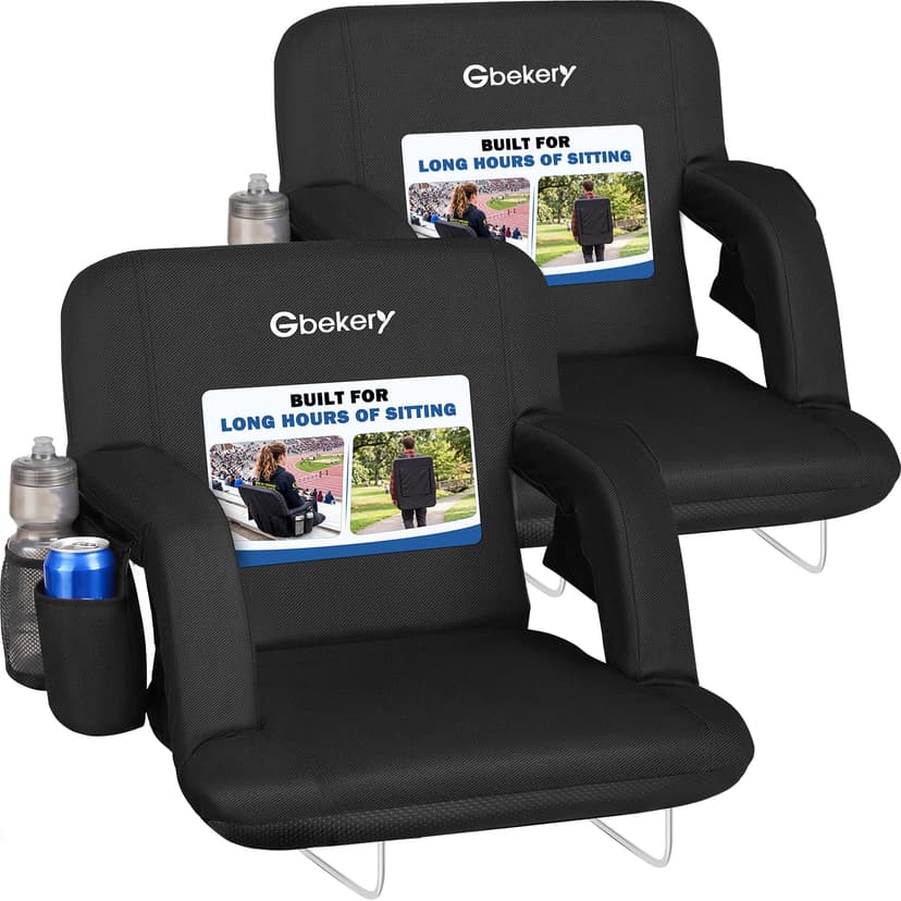 Gbekery 21” Wide Stadium Seats with Back Support for Bleachers 2 Pack | Padded Bleacher Chair with Armrests, 6 Adjustable Reclining Positions, Portable Seats for Football Games, Sports Events