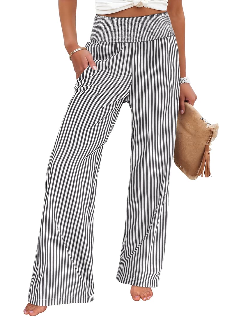 ANRABESS Womens Palazzo Pants, Striped & Gingham, Lounge & Casual, Cute Pajama Pants, Wide Leg, High Waisted, Pockets