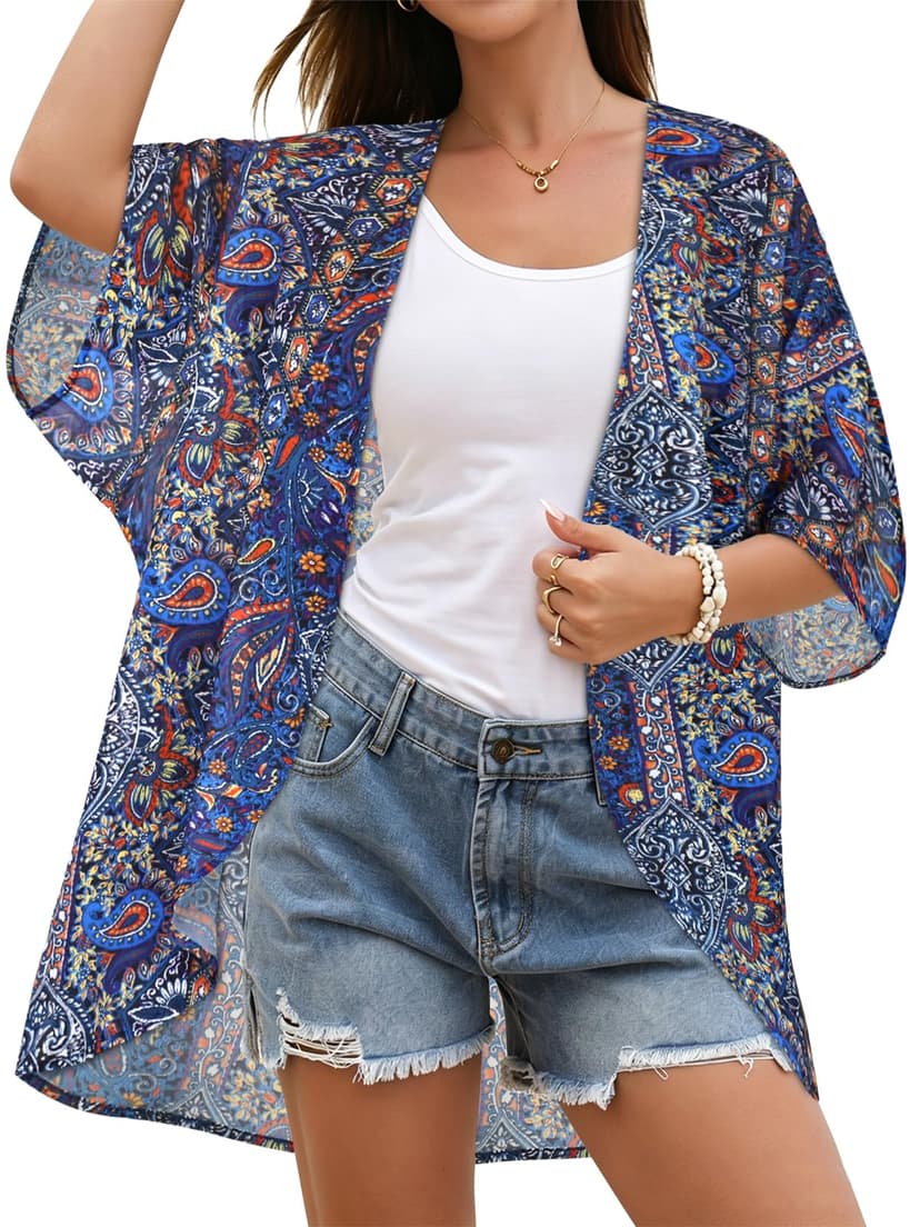 Women's Floral Print Puff Sleeve Kimono Cardigan Loose Cover Up Casual Blouse Tops 2026