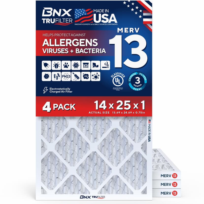 BNX TruFilter 14x25x1 Air Filter MERV 13 AC Filter, HVAC Furnace Filter, 4 Pack (ACTUAL SIZE 13.69"x24.69"x0.75") Allergies, Dust, Pet Dander & Smoke - MADE IN USA - MPR1500 / FPR 10