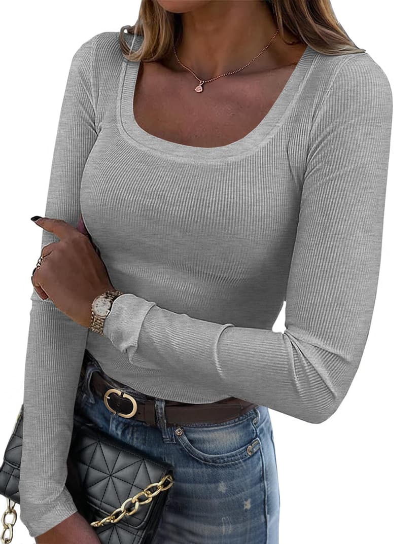 Zeagoo Womens Long Sleeve Stretch Crewneck Ribbed T-Shirt Slim Fit Casual Basic Tops S-XXL