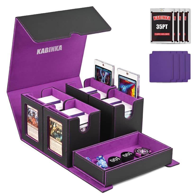 Kabinka Card Deck Box for MTG Commander, Holds 400+ Double-Sleeved Cards, 5 IN 1 Detachable Card Case with Dice Tray, Fits Magic/TCG Cards, 4 Magnetic Card Holders & Dividers (Black Purple)