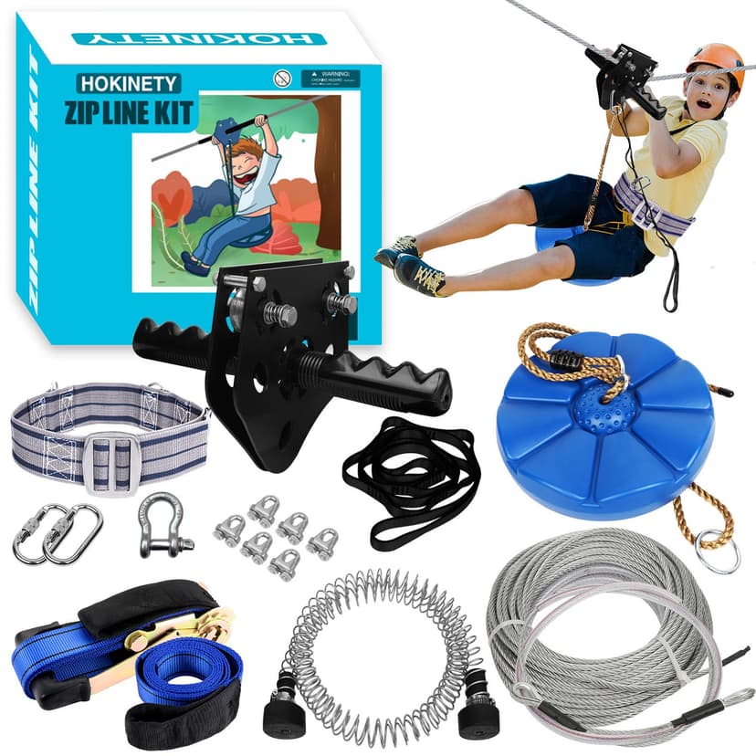 HOKINETY Zip Line Kit for Kids Adults : 100FT Up to 380Lbs - Quick Tighten Zipline for Backyard Outdoor with 100% Rust Proof Removable Trolley Seat Spring Brake