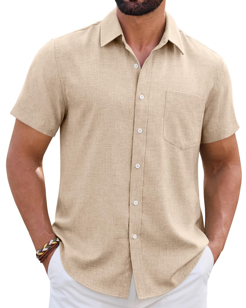 ROUWELL Mens Linen Shirt Short Sleeve Wrinkle Free Casual Untucked Button Down Shirts Beach Breathable Tops Summer