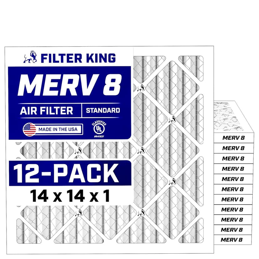 Filter King 14x14x1 Air Filter (MERV 8) (12-Pack) Dust & Allergy Control AC Furnace Filters, MADE IN USA, HVAC, Pleated, Electrostatic (Actual Size: 13.5 x 13.5 x .75)