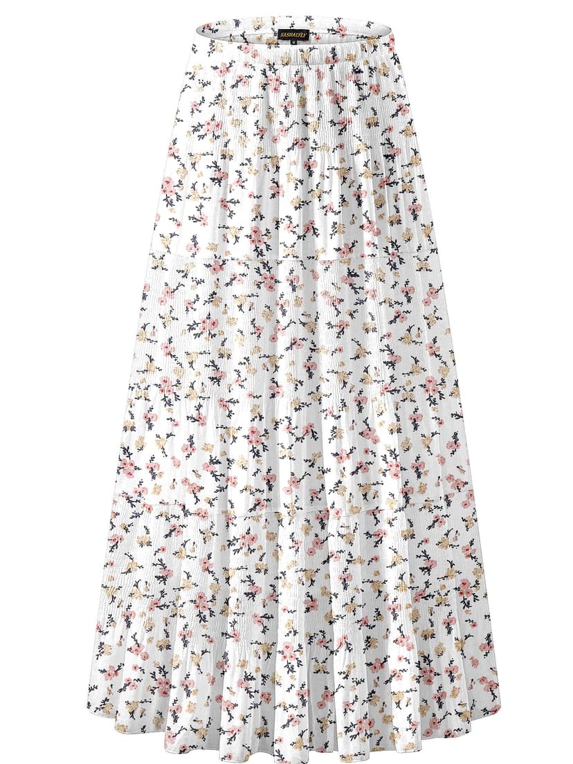 NASHALYLY Women's Chiffon Elastic High Waist Pleated A-Line Flared Maxi Skirts