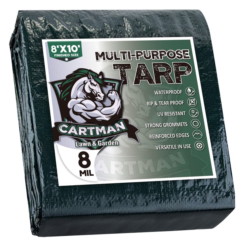 CARTMAN 8x10Ft Multipurpose Waterproof Poly Tarp Cover 8 Mil, Green | Reinforced edges, metal grommets every 36in, 10x10 weave, fits camping, emergency shelter, outdoor gear & cargo protection