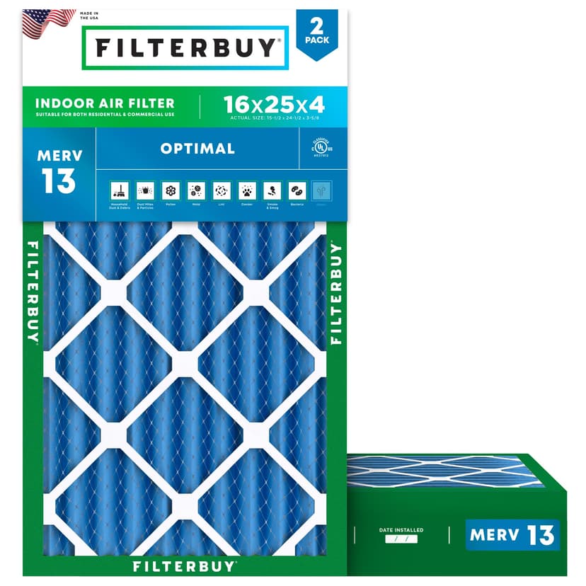 Filterbuy 16x25x4 Air Filter MERV 13 Optimal Smoke & Allergy Defense (2-Pack), Electrostatic Pleated HVAC AC Furnace Filters Replacement, Made in USA (Actual Size: 15.50 x 24.50 x 3.63)