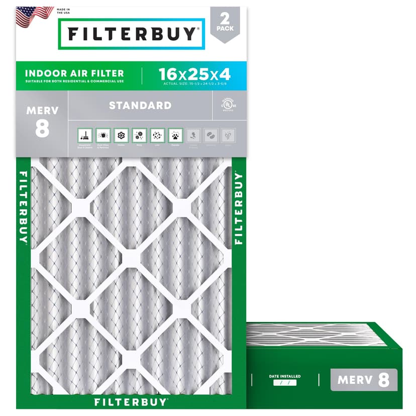 Filterbuy 16x25x4 Air Filter MERV 8 Dust & Allergy Defense (2-Pack) | Electrostatic Pleated HVAC AC Furnace Filters Replacement, Made in USA (Actual Size: 15.50 x 24.50 x 3.63)