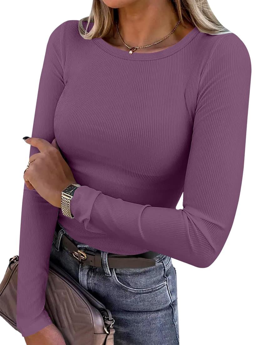 ANRABESS Women Long Sleeve Shirts Ribbed Fitted Tops | Slim Basic Tee,2026 Fall Outfits,Lightweight Knit T-Shirt,Soft Underscrub,Winter Layer Clothing,Casual Work & Everyday Wear