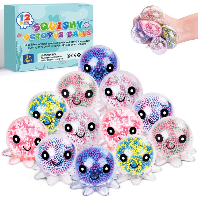 VESPRO 12 Pack Fidget Stress Balls for Adults, Cute Octopus Stress Sensory Stress Ball, Bulk Squishy Squeeze Ball Toys Set for Classroom Prizes and Birthday Party Favors