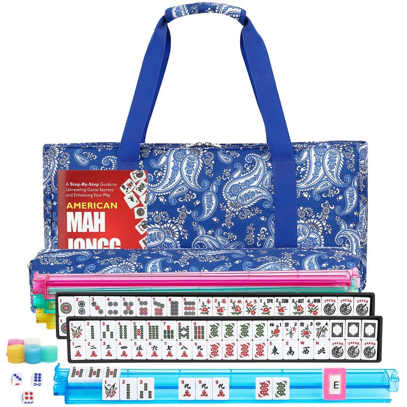 Marllifenney American Mahjong Set, 166 White Tiles with 4 Colors Acrylic Racks, Pushers, Flower Carrying Bag, Portable Travel Set