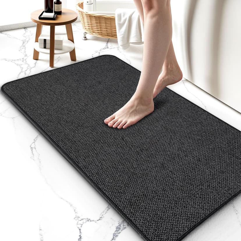 Upgraded Bath Mat 19x30Inch, Thin Bath Mats Rugs with Rubber Backing Non-Slip, Absorbent,Quick Dry Machine Washable, Home Decor Accessories Cozy Cloth Bathroom Rugs fit Under Door/Sink/Tub-Black