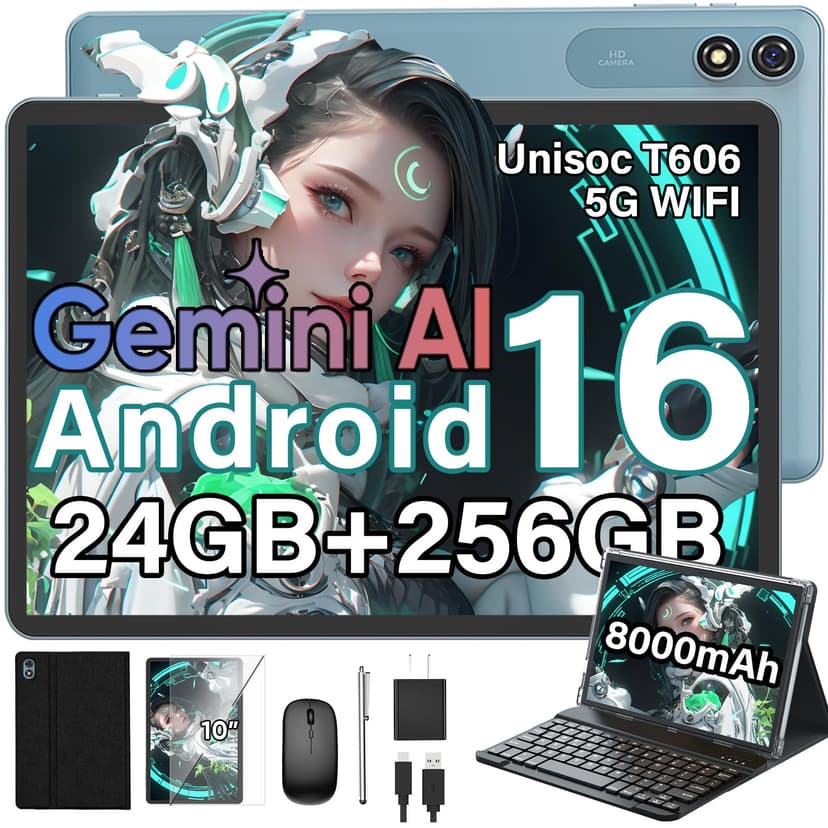 Android 16 Tablet with Keyboard, 10 inch Tablet with 24GB+256GB+2TB Expand | 2026 Gemini AI Tablet PC with 8-Core, 5G WiFi, 8000mAh, GMS, GPS, 2-in-1 Tablet with Case, Mouse, Stylus(Black case)