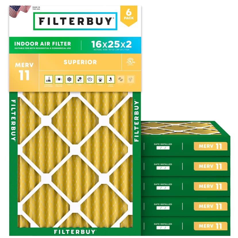 Filterbuy 16x25x2 Air Filter MERV 11 Superior Pet & Allergy Defense (6-Pack), Electrostatic Pleated HVAC AC Furnace Filters Replacement, Made in USA (Actual Size: 15.50 x 24.50 x 1.75)