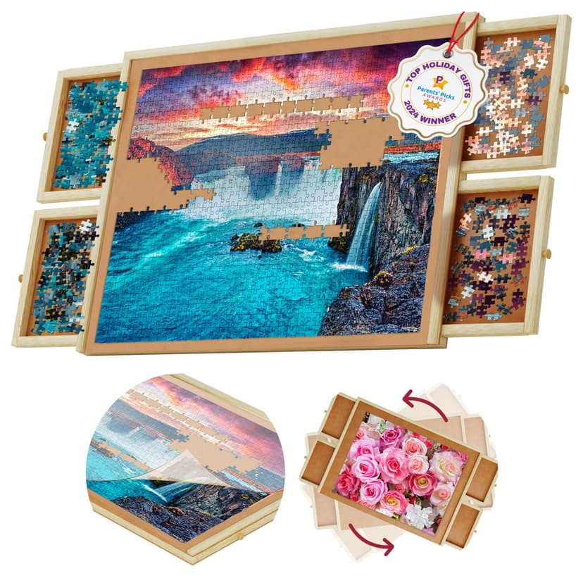 Rotating 1000 Piece Wooden Puzzle Board | 30" x 22" Puzzle Table | 4 Drawers, Protective Cover Included, Portable Jigsaw Puzzle Table for Adults and Kids