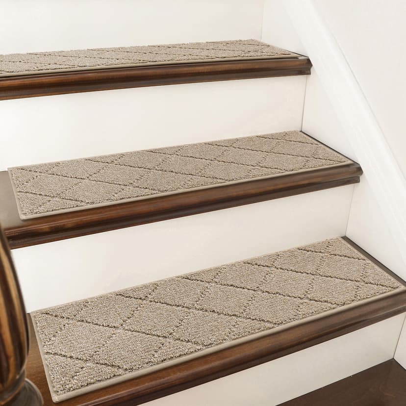 COSY HOMEER Edging Stair Treads Non-Slip Carpet Mat 28inX9in,15pc,Beige | Indoor Stair Runner for Wooden Steps,Washable Adhesive Stairs Rugs for Kid,Elder,Dog,Polyester Carpet Stair Treads,TPE Back