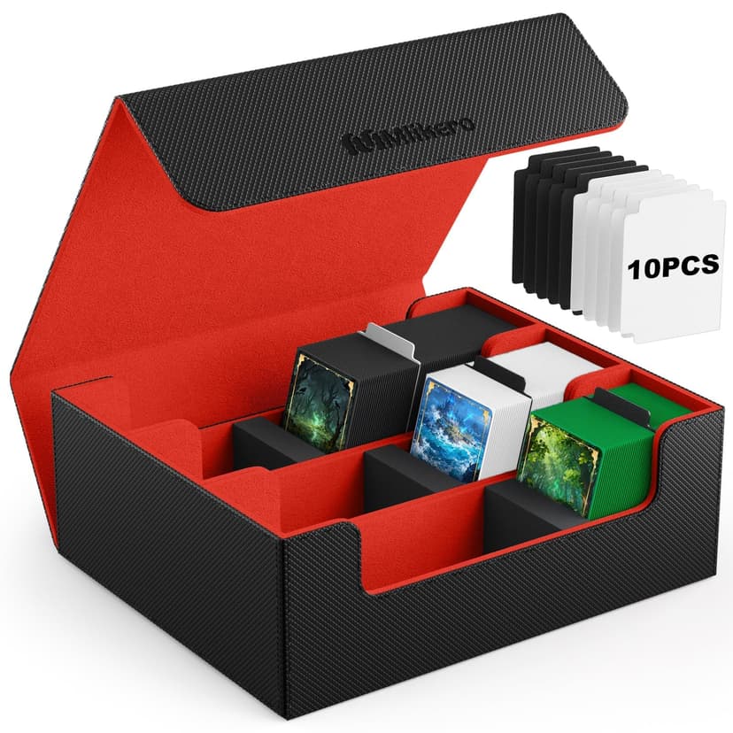 Mlikero Trading Card Storage Box, Bulk Card Storage for 1800+ Sleeved Cards, PU Leather Magnetic Closure Card Organizer with 10 Dividers & 3 Foam Stoppers, Fit for MTG, TCG and Sports Cards (Red)