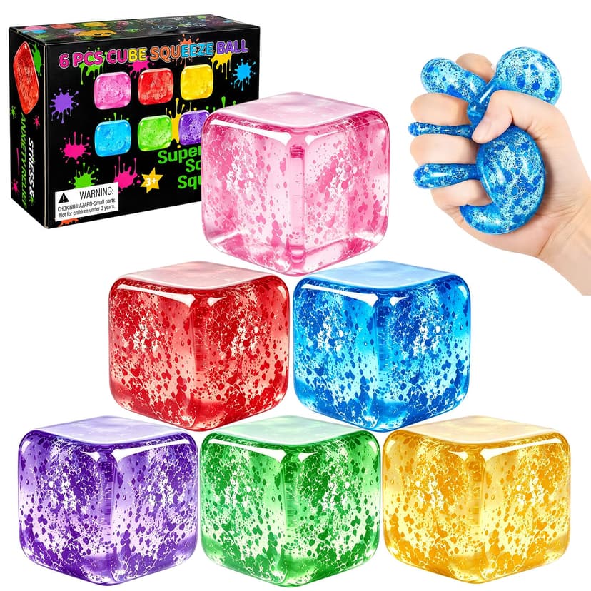 6PCS Stress Cube Squishy Stress Balls,Squishy Cube Filled with Glitter,(2.17in) Ice Cube Stress Balls for Adults Kids,Sensory Fidget Toys for Anxiety Stress Relief,Party Favors