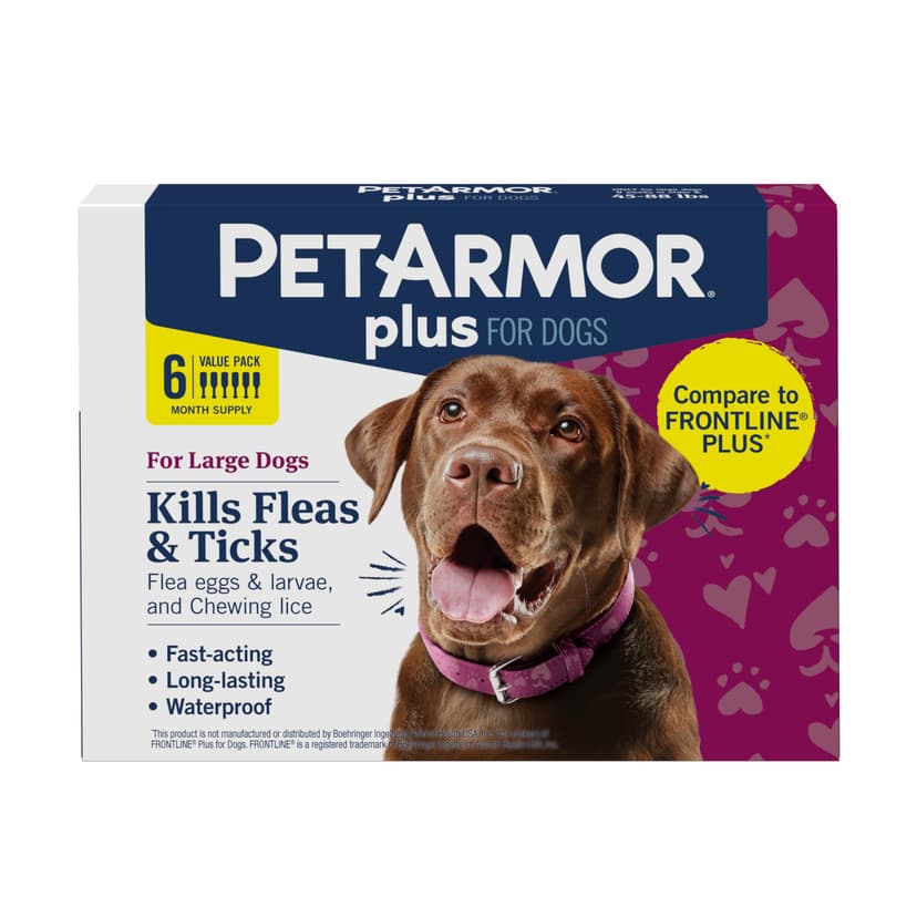 PetArmor Plus Flea & Tick Topical Dogs 45-88 lbs, 6-Month | Ideal for Large Dogs 45-88 lbs; Kills Fleas, Eggs, Larvae, Ticks & Lice; 6-month supply; Waterproof Nose-to-Tail