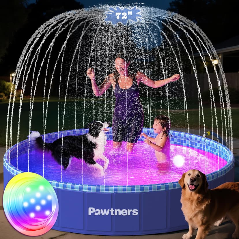 Pawtners 72'' Foldable Dog Pool for Large Dogs, 3 in 1 Portable Kids Swimming Splash Pool with Sprinkler & Light, Non-Slip Heavy Duty Hard Plastic Pet Bathing Tub for Outdoor Backyard
