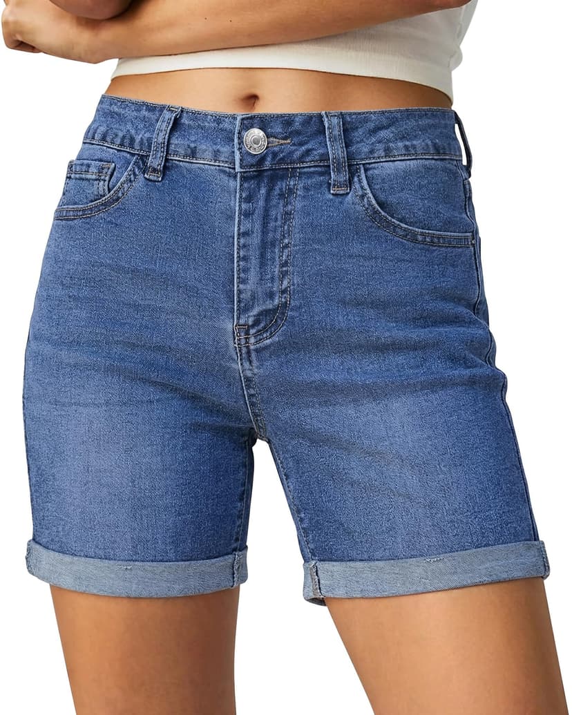 luvamia Jean Shorts for Women High Waisted Trendy Mid Thigh Long Cuffed Hem Stretchy Denim Shorts Casual Summer Jorts