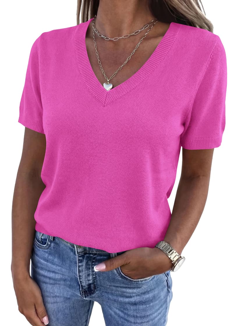 PRETTYGARDEN Womens Short Sleeve Sweater V Neck Tops | Lightweight Sweater Shirts, Business Casual Work Tops, Dressy Casual Blouses, Spring Summer Fall Outfits, Fashion Clothing