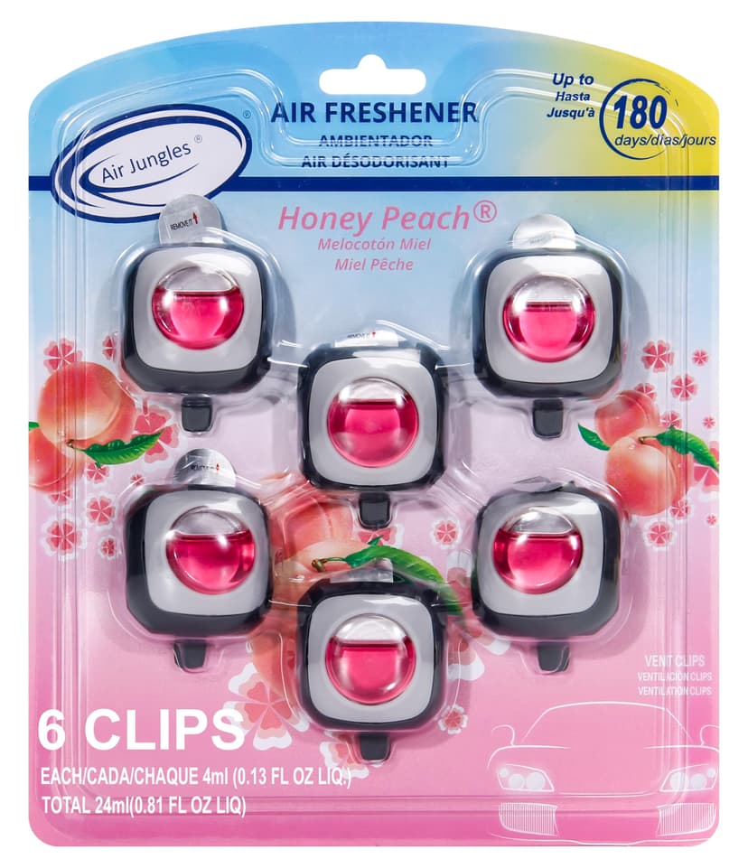 Air Jungles Honey Peach Scent Pink Car Air Freshener Vent Clip 6 Ct | Long Lasting Up to 180 days, Natural Essential Oil Car Fragrance for Women and Men, Odor Eliminator - 4ml Each