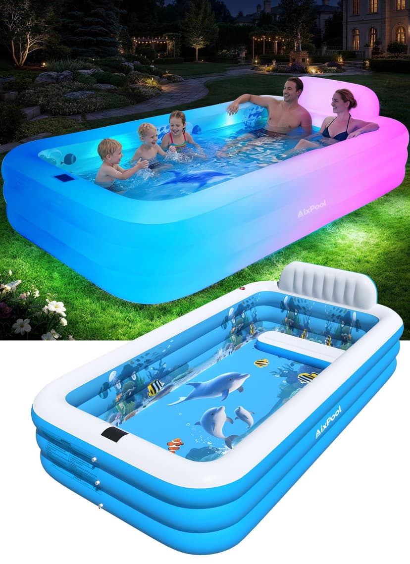 AixPool Extra Large Inflatable Pool with Lights,Upgraded Solar Powered Blow Up Pool for Adults,Inflatable Kids Swimming Pool with Seat& Backrest,Big Inflatable Kids Pool for Backyard,120x73x20IN