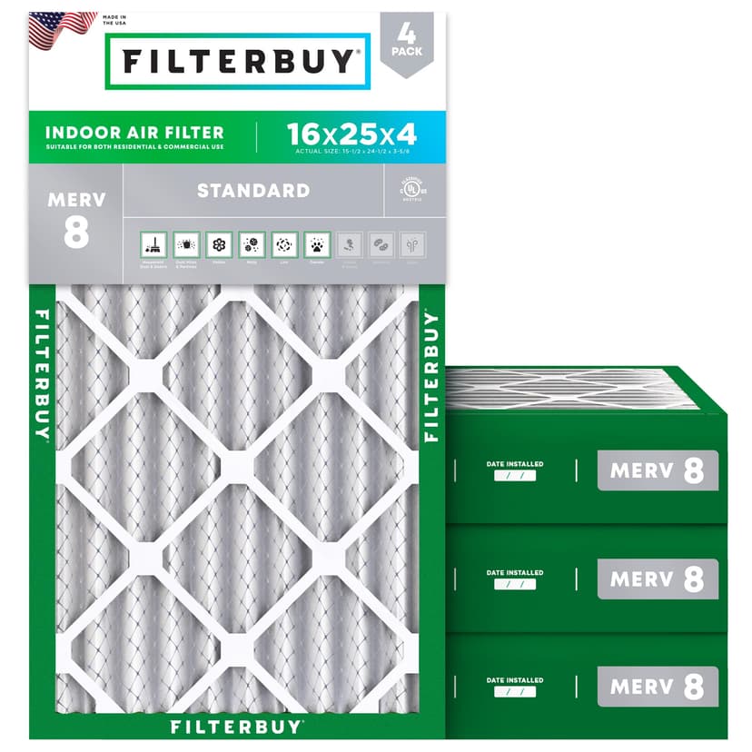 Filterbuy 16x25x4 Air Filter MERV 8 Dust & Allergy Defense (4-Pack) | Electrostatic Pleated HVAC AC Furnace Filters Replacement, Made in USA (Actual Size: 15.50 x 24.50 x 3.63)