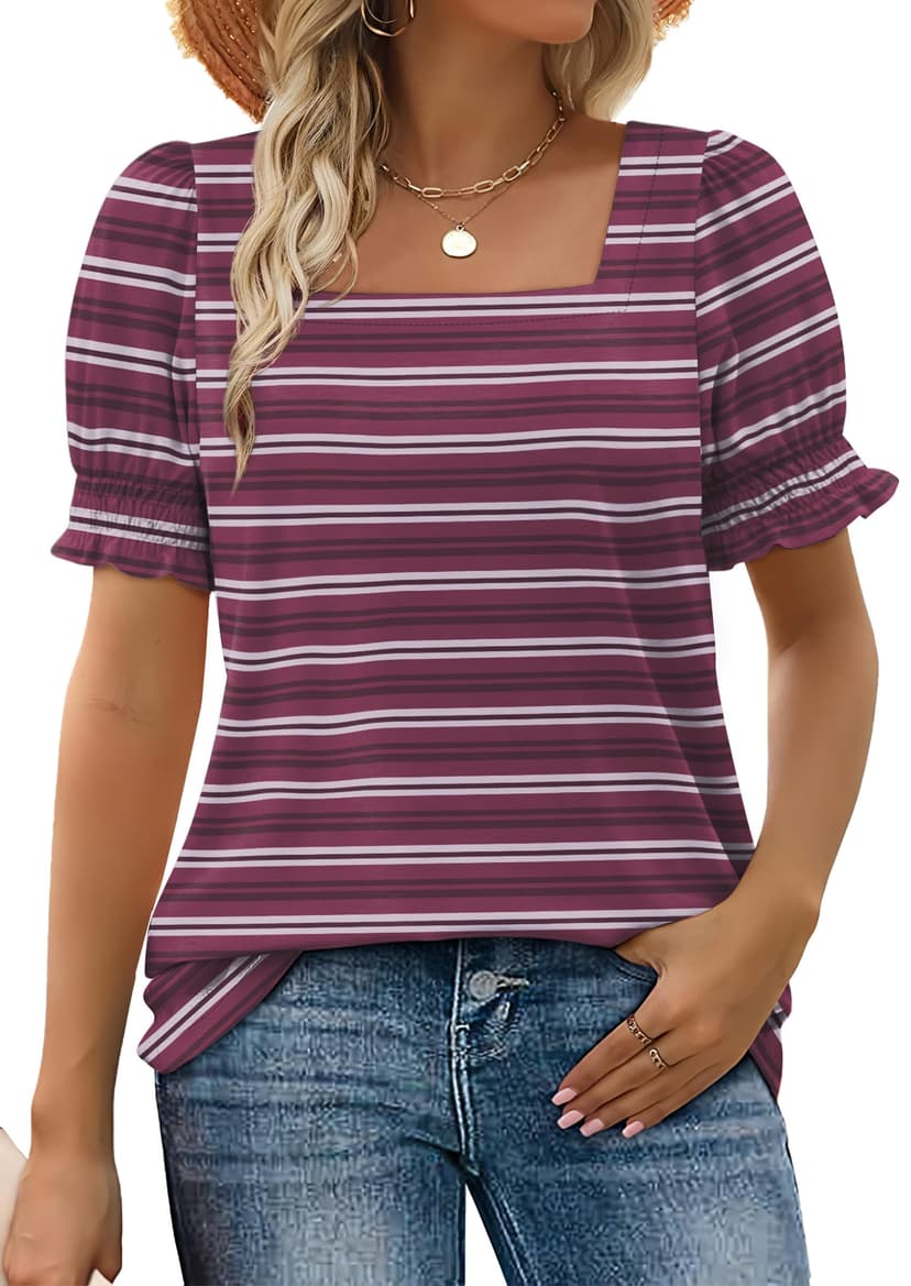 WIHOLL Tops for Women Summer Casual Ruffle Trim Sleeve Square Neck T Shirts