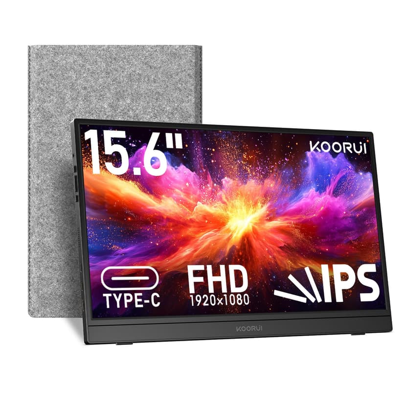 KOORUI 15.6 inch Portable Monitor FHD 1080P IPS External Display, Second Screen for Travel and Office, USB-C HDMI Gaming Monitor with Kickstand & Speakers for Laptop PC