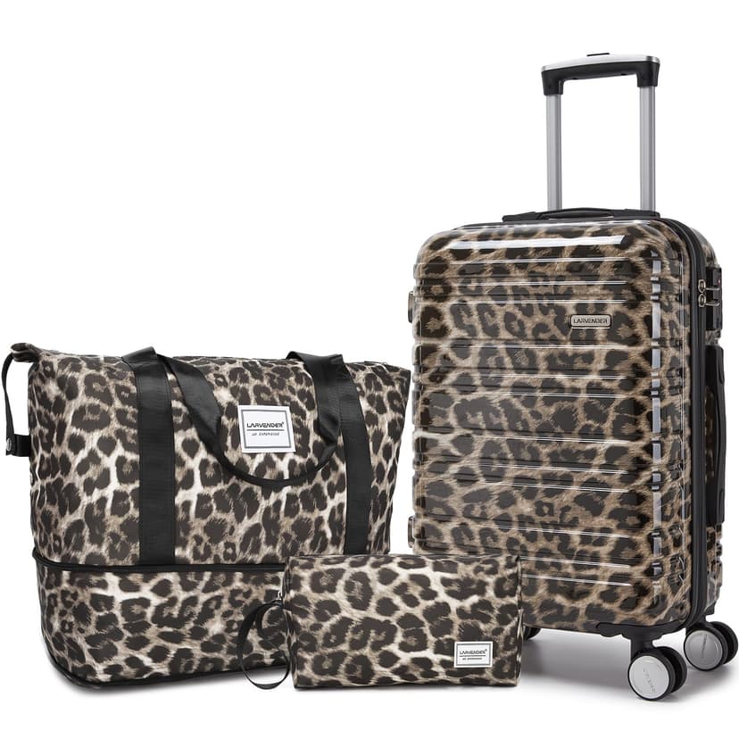 LARVENDER Carry on Luggage Sets 3 Piece, 20in Suitcase with Wheels, Cheetah | 22x14x9 Airline Approved, Lightweight Leopard PC+ABS Hardshell, Smooth 360° Wheels, TSA Lock, 3-Piece Set with Duffel Bag